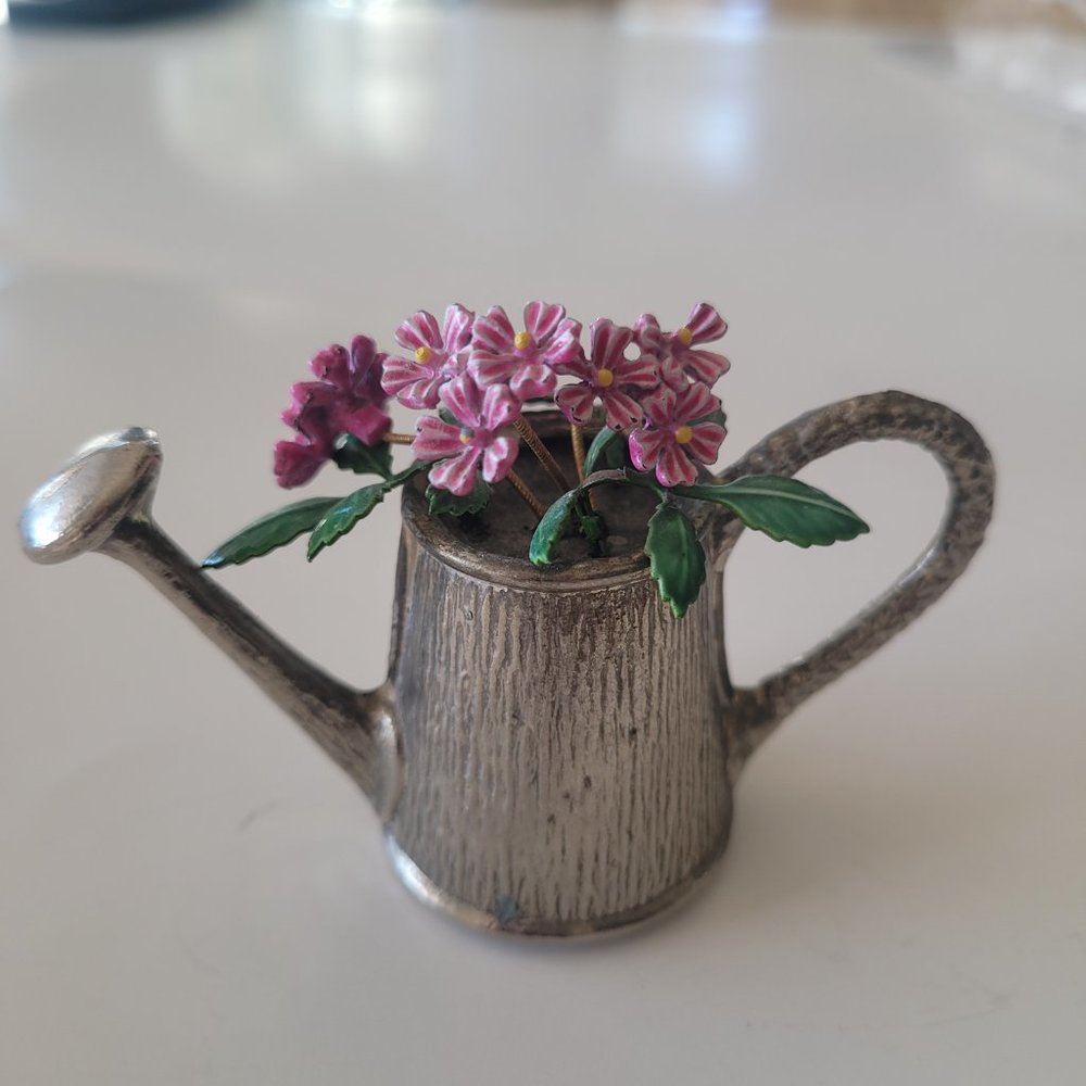 Vintage Miniature 3D Watering Can Metal Flowers Silver Tone Figurine